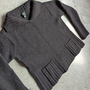 Eileen Fisher Wool Sweater Black Size Medium Patch Pockets Boucle Shawl Collar M